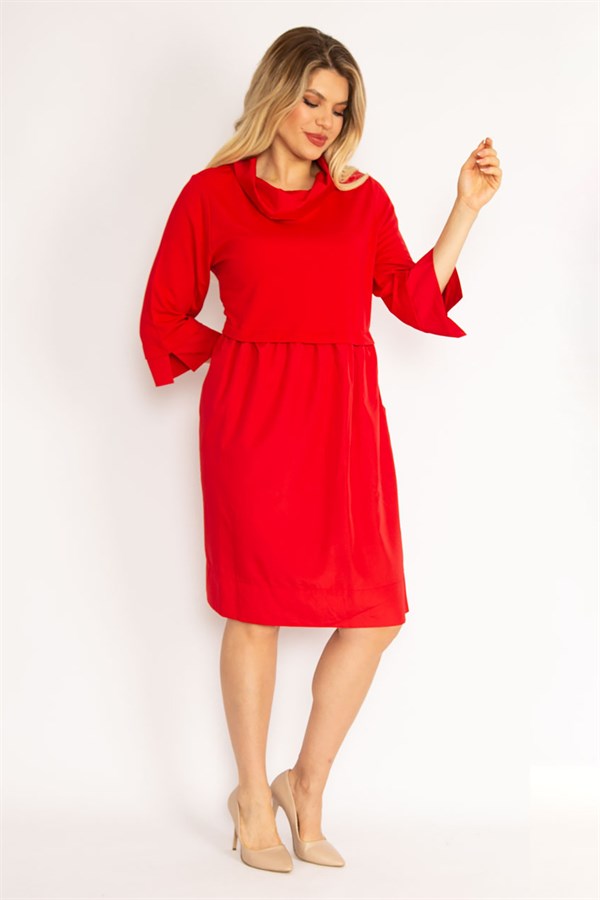 Kadın Kırmızı Dik Yakalı Etek Kısmı Yaka Ve Kol Ağzı Sıvama Kumaş Elbise 65N35038