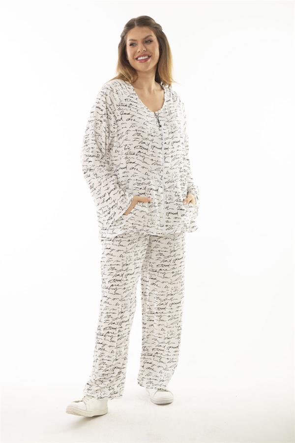 Kadın Büyük Beden Kemik Dokuma Viskon Kumaş Ön Fermuarlı Bluz Pantolon İkili Takım 65N37005