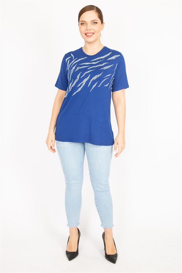 Kadın Saks Büyük Beden Bisiklet Yakalı Ön Baskılı Bluz