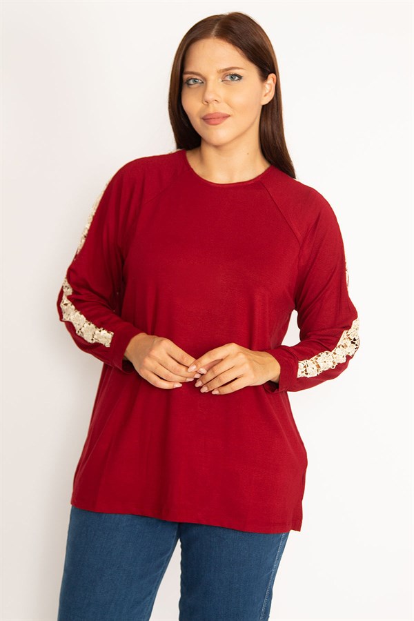 Kadın Bordo Dantel Detaylı Bluz 65N34646