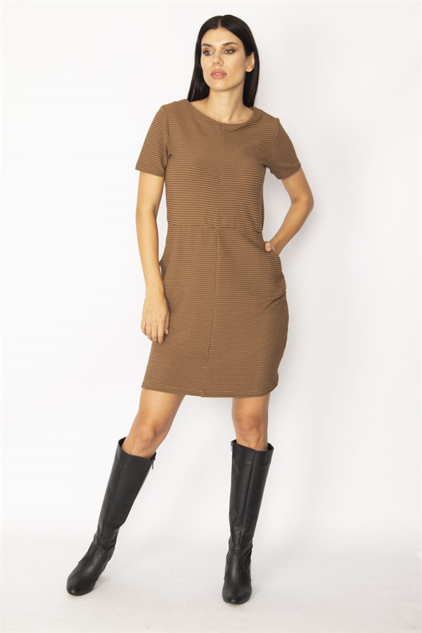 WOMEN'S BROWN SELF-STRIPED DRESS WITH POCKETS