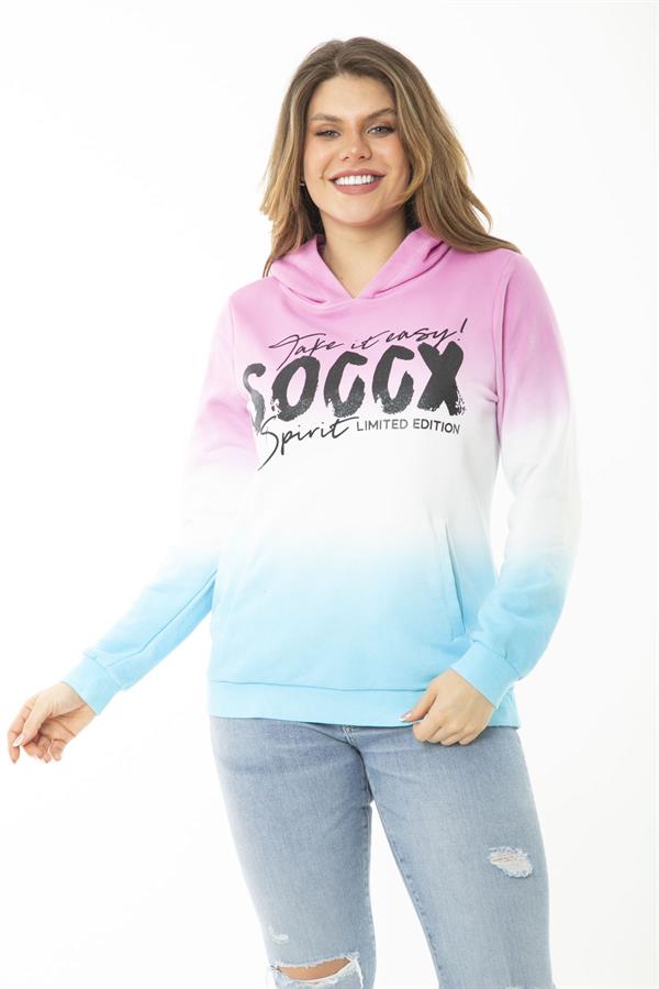 Kadın Büyük Beden Renkli İki İplik Sim Ve Ön Baskı Detaylı Kapşonlu Sweatshirt 65N37162