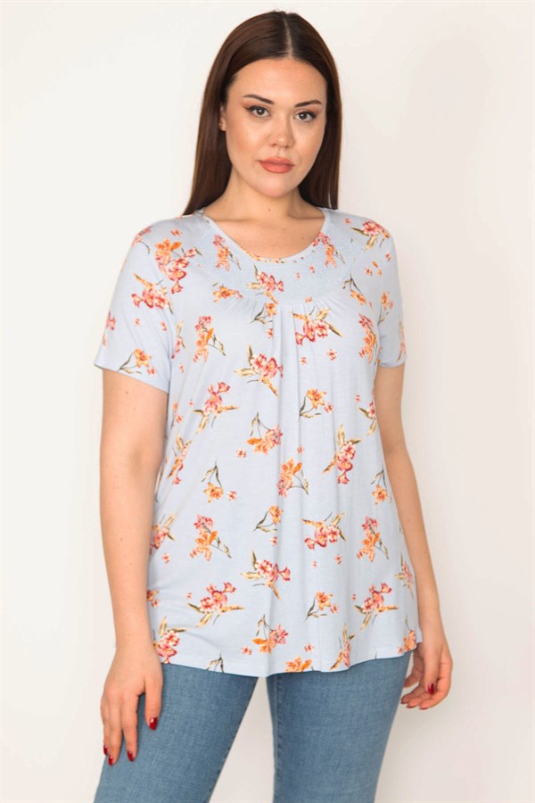 KADIN MAVİ YAKASI GİPE LASTİKLİ KISA KOLLU TUNİK