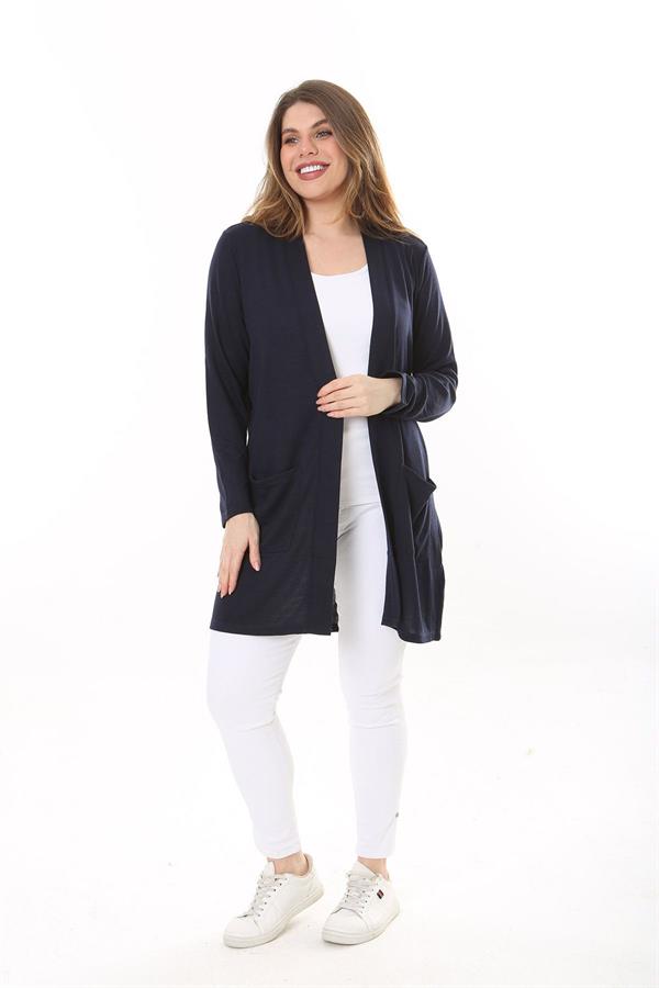 Kadın Büyük Beden Lacivert Ön Cepli Hırka 65N37600