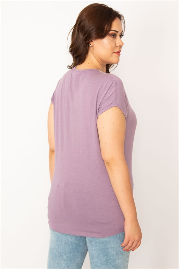Kadın Lila Yakası Dökme Taş Viskon Bluz 65N33546