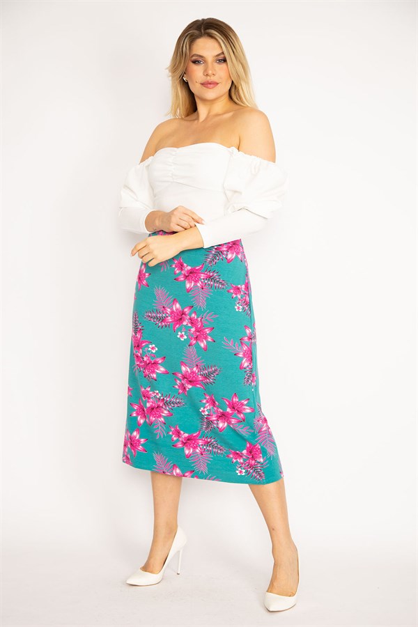 Kadın Yeşil Beli Lastikli Likralı Viskon Etek 65N34675