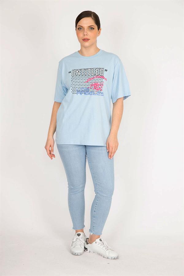 Kadın Mavi Büyük Beden Pamuklu Kumaş Ön Baskılı Bluz