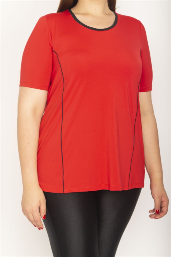 Kadın Kırmızı Yaka Ve Kup Biyeli Kısa Kollu Bluz 65N27038