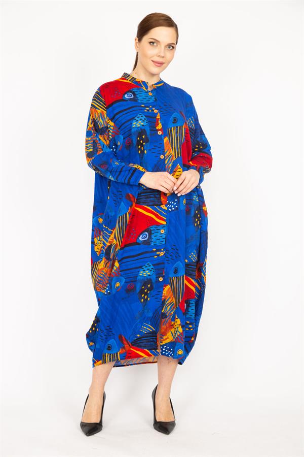 Kadın Fujya Büyük Beden Dokuma Viskon Kumaş Ön Boy Düğmeli Elbise