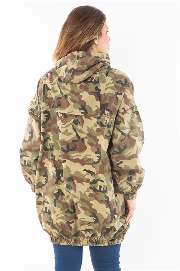 Women's Plus Size Khaki Casual Cut Camouflage Patterned Hooded Kangaroo Pocket Long Sweatshirt 65N37298