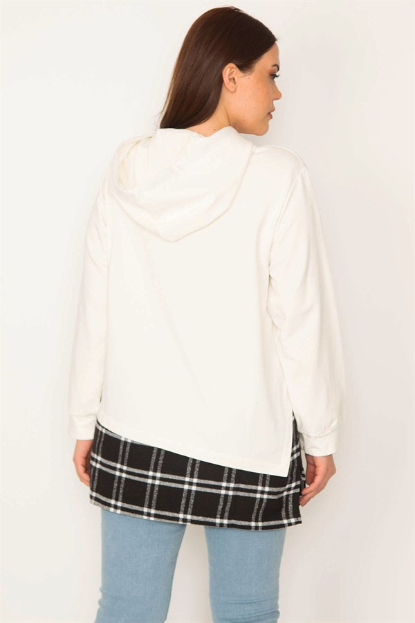 Kadın Kemik Kapşonlu Etek Ucu Ekose Garnili Sweatshirt 65N31947