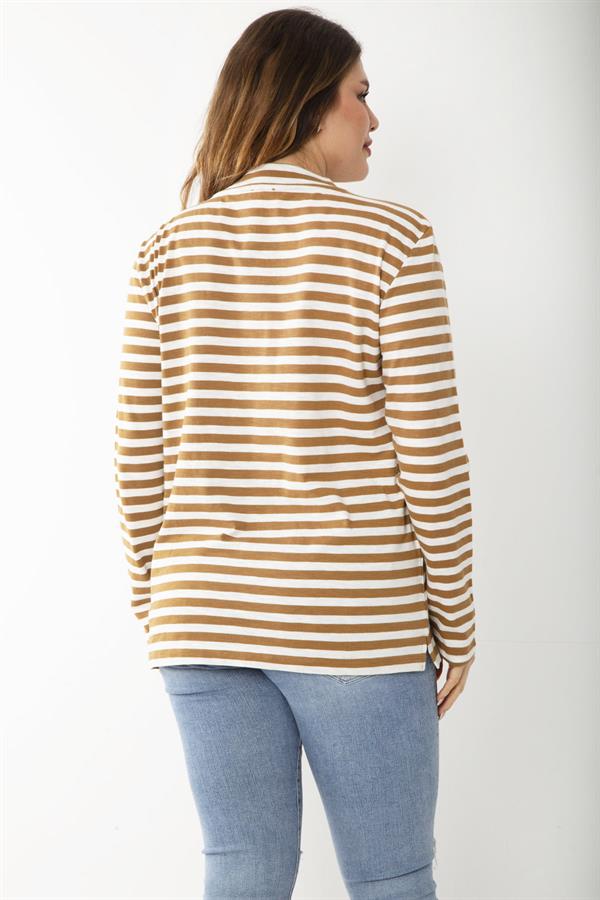 Kadın Büyük Beden Sütlükahve Uzun Kollu Çizgili Bluz 65N37217