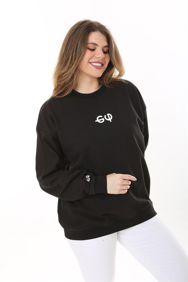 Kadın Büyük Beden Siyah Pamuk Kumaş Arka Baskılı Sweatshirt 65N37618