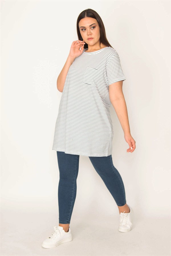 KADIN KEMİK PAMUKLU KUMAŞ BİSİKLET YAKA ÇİZGİLİ BLUZ
