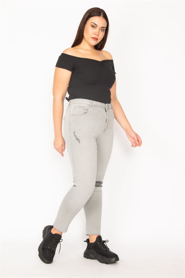 Kadın Gri Likralı Kot Yırtık Detaylı 5 Cepli Skınny Pantolon 65N29525