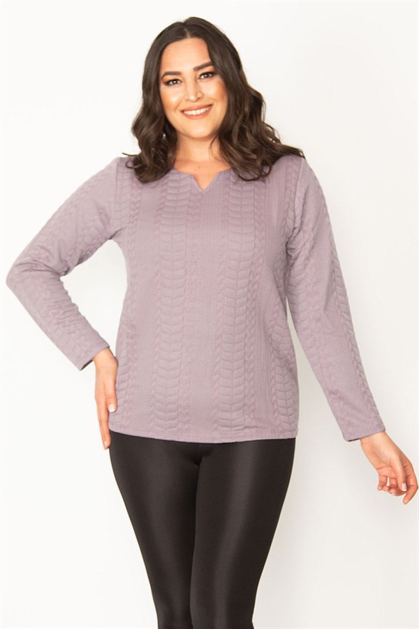 KADIN LACİVERT V YAKALI ARKA ŞERİT DETAYLI KENDİNDEN DESENLİ TUNİK