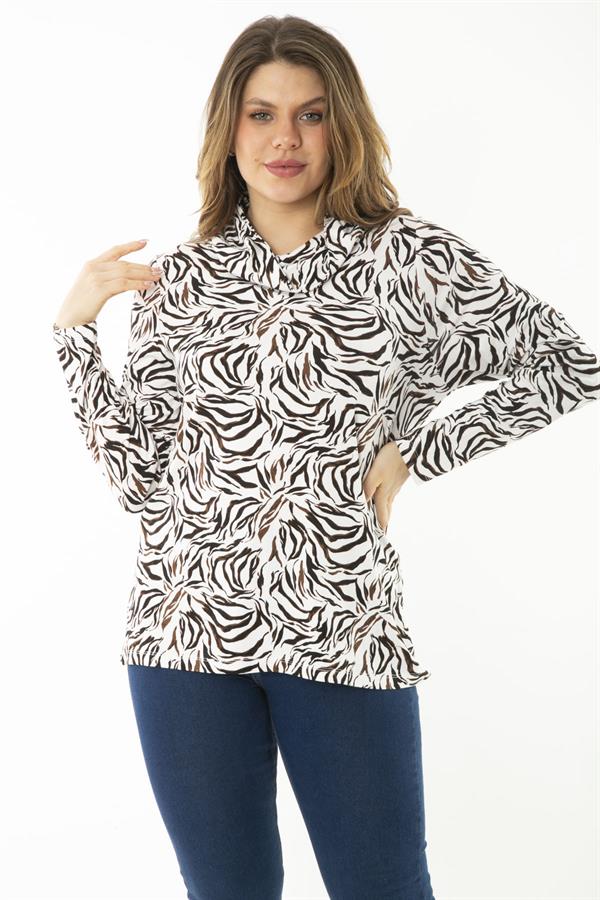 Kadın Büyük Beden Renkli Boğazlı Yaka Uzun Kollu Bluz 65N37145