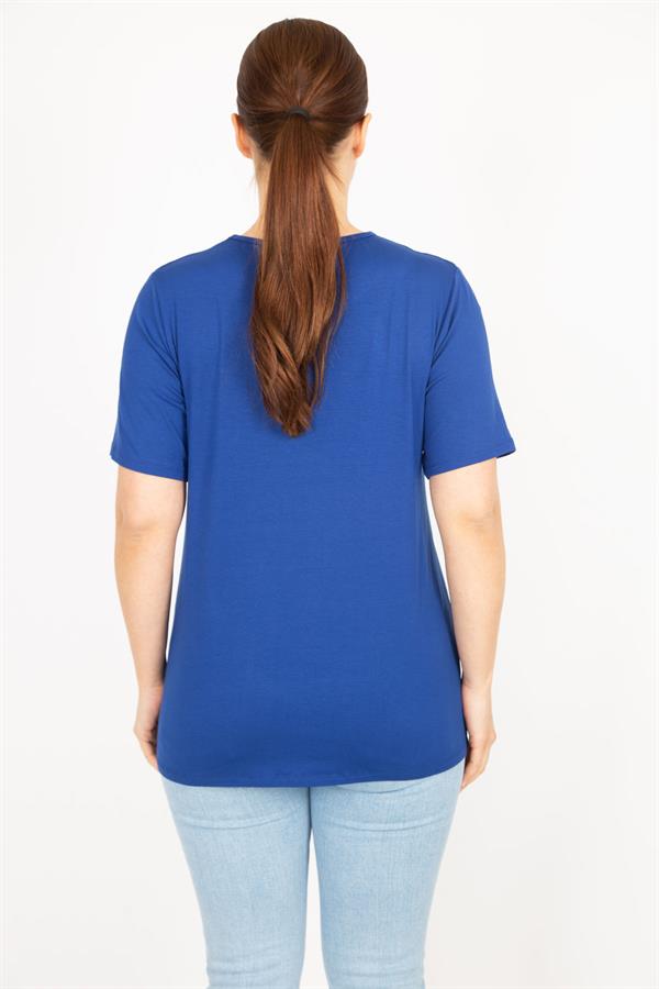 Kadın Saks Büyük Beden Bisiklet Yakalı Ön Baskılı Bluz