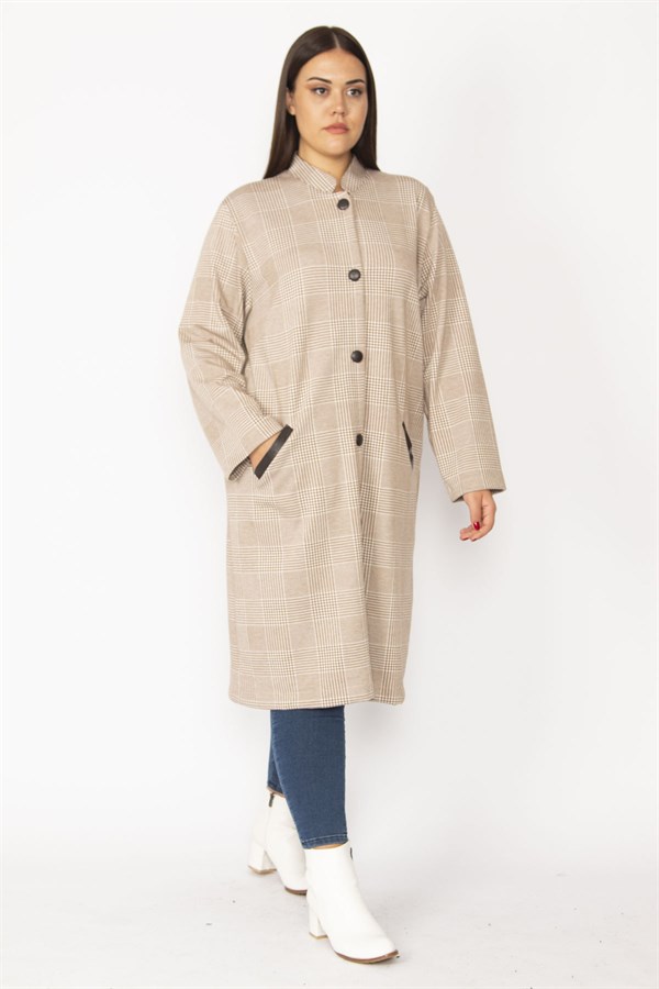 Hakim Yaka Ekose Desenli Ön Boy Baskı Düğmeli Cep Ağzı Suni Deri Garnili Astarsız Uzun Kap