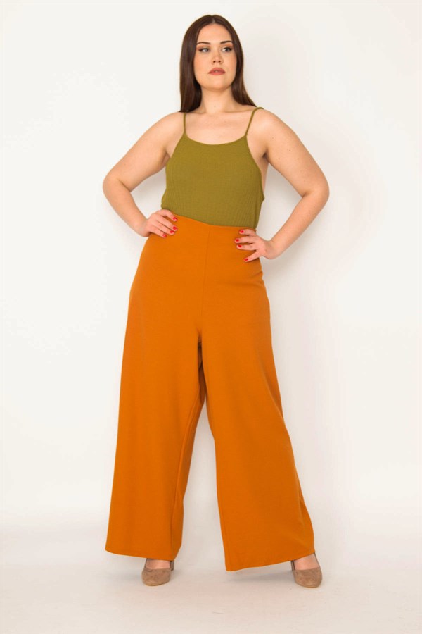 Kadın Taba Arka Kemer Lastikli Geniş Paçalı Krep Kumaş Pantolon 65N35411