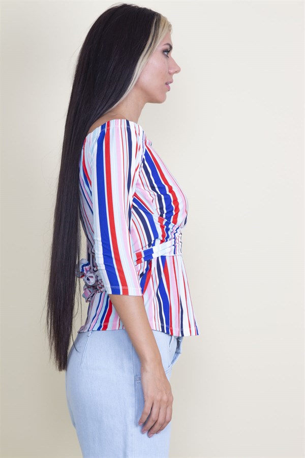 KARMEN YAKA KAPRİ KOL BEL BAĞLAMALI RENKLİ BLUZ