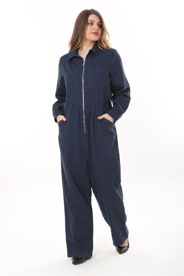 Kadın Büyük Beden Lacivert Ön Fermuarlı 4 Cepli Arka Bel Kemeri Lastikli Kot Tulum 65N37573