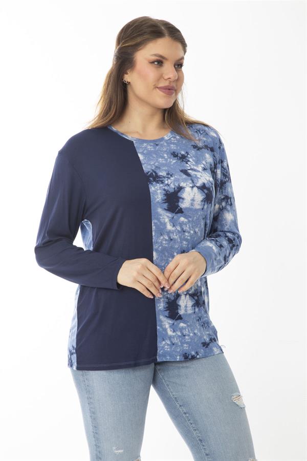 Kadın Büyük Beden Lacivert Bisiklet Yakalı Desenli Bluz 65N37027