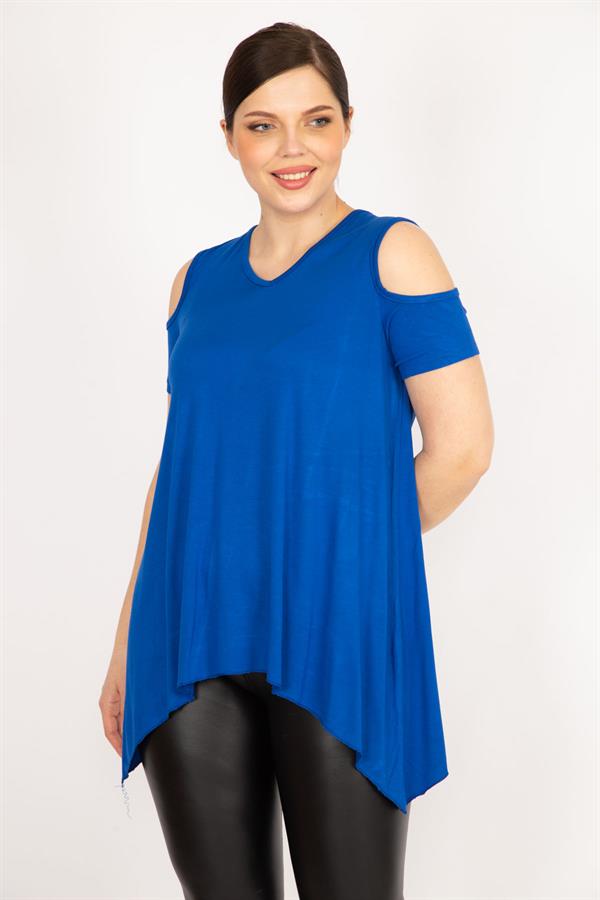 Kadın Saks Büyük Beden Omuz Dekolteli Asimetrik Kesim Viskon Bluz
