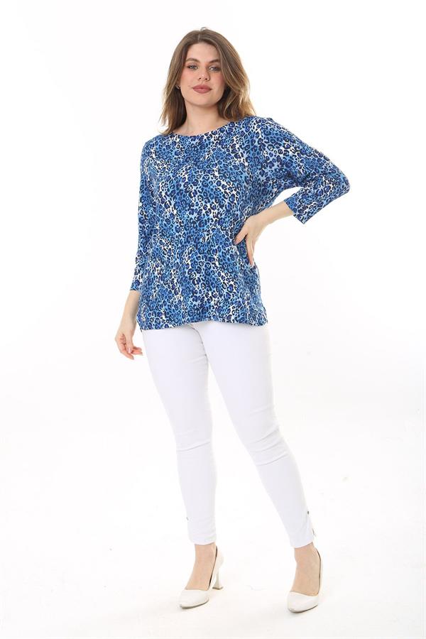 Kadın Büyük Beden Mavi Sırt Detaylı Bisiklet Yakalı Kapri Kollu Bluz 65N37586