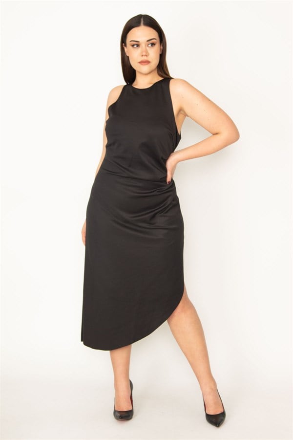 WOMEN'S BLACK DRESS WITH ASYMMETRIC WAIST PLEATED SKIRT AND HIDDEN ZIPPER AT THE BACK