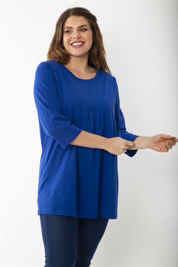 Kadın Büyük Beden Kemik Pamuklu Kumaş Pile Detaylı Kapri Kollu Bluz 65N37225