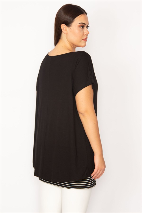 KADIN MAVİ İÇİ ÇİZGİLİ ATLETLİ DÜŞÜK KOLLU BLUZ