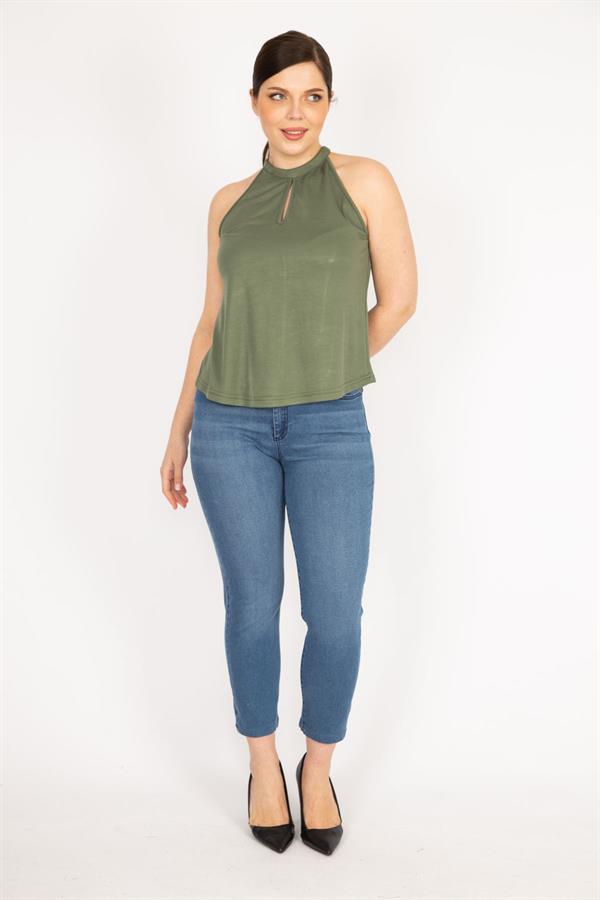 Kadın Haki Büyük Beden Halter Yaka Bluz
