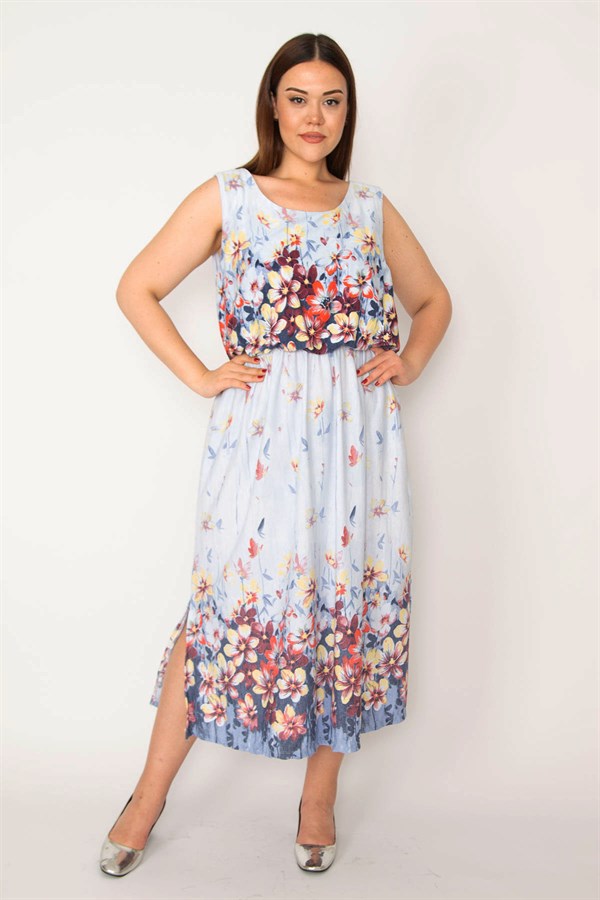 Kadın Mavi Bel Kısmı Lastikli Desenli Elbise 65N33217