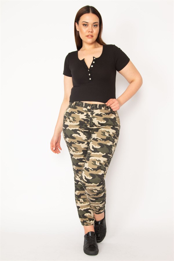 KADIN HAKİ KAMUFLAJ DESEN PAÇA LASTİKLİ CEPLİ PANTOLON