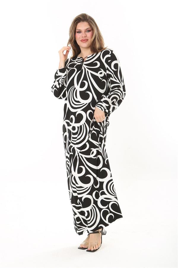 Kadın Büyük Beden Kahve Yaka Bağcıklı Uzun Kollu Maksi Boy Elbise 65N37866