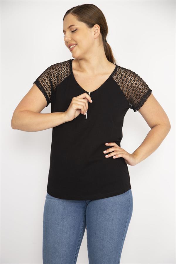 Kadın Beyaz Büyük Beden Pamuklu Kumaş Ön Pat Fermuarlı Kolları Dantel Bluz