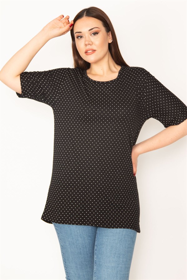 KADIN SİYAH PUAN DESENLİ BİSİKLET YAKA KISA KOLLU BLUZ
