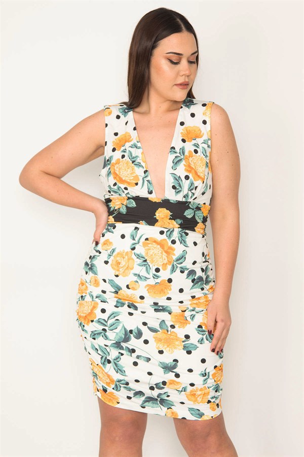 KADIN RENKLİ YAN BÜZGÜ VE BEL DRAPE DETAYLI V YAKALI ELBİSE