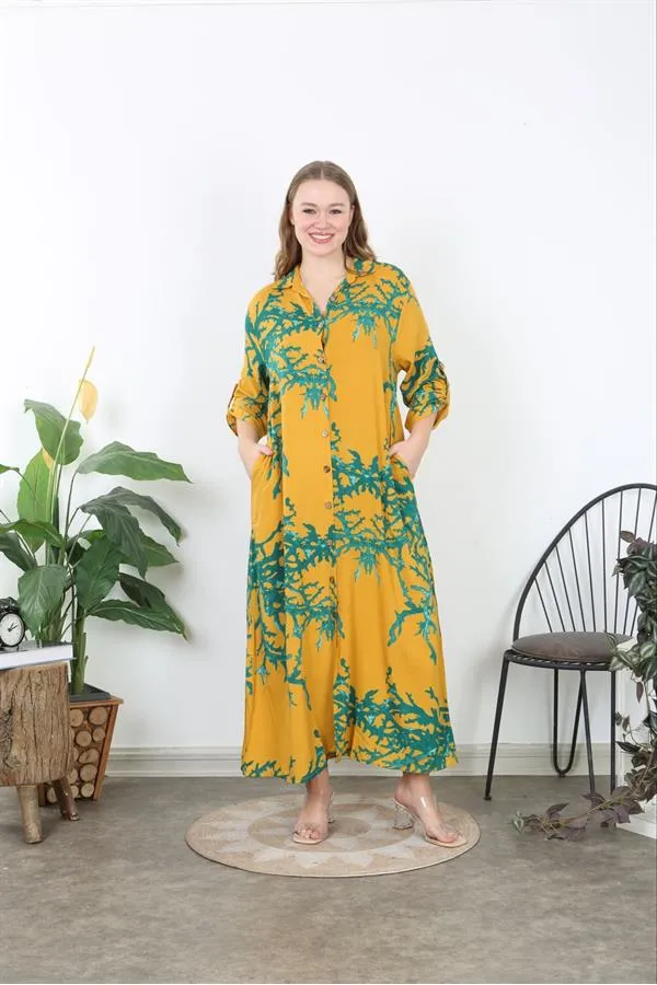 Kadın Büyük Beden Mavi Ön Boy Düğmeli Gömlek Yakalı Uzun Elbise 65N37875