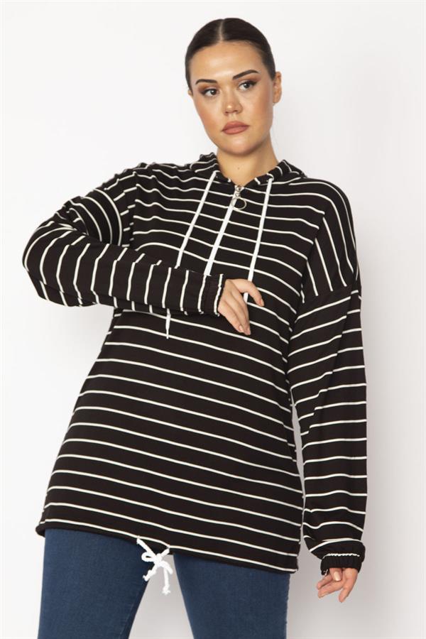 Women's Black Plus Size Front Placket Zippered Eyelet and Lace Detailed Hooded Striped Tunic