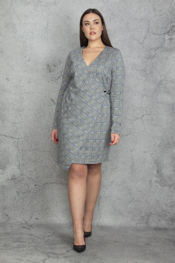 Kadın Büyük Beden Gri Ekose Desenli Bel Detaylı Anvelop Astarlı Elbise 65N37446