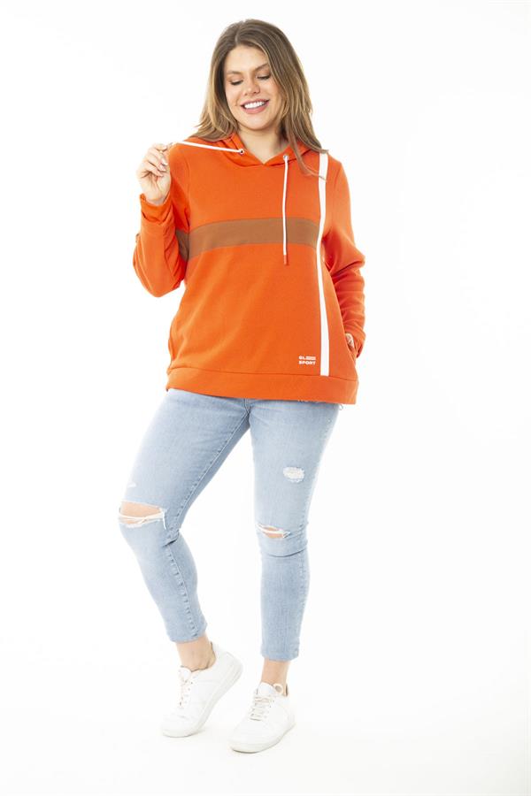 Kadın Büyük Beden Oranj İçi Şardonlu İki İplik Kapşonlu Sweatshirt 65N37163