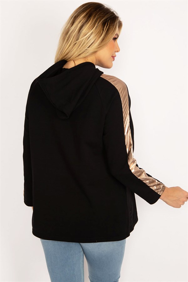 Women's Black Sleeves Gold Stripe Detailed Hooded Kangaroo Pocket Sweatshirt 65N34671