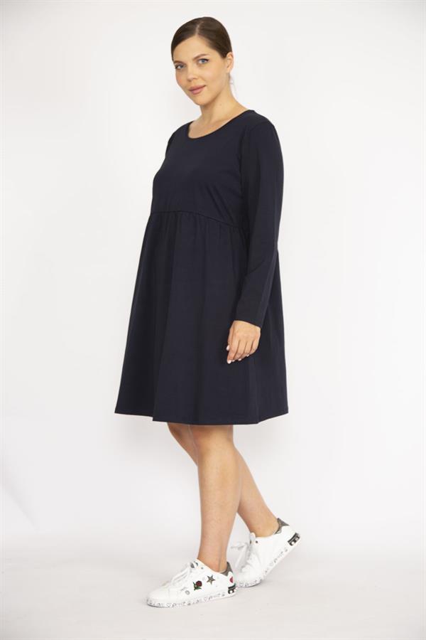 Kadın Büyük Beden Lacivert Bisiklet Yakalı Belden Büzgülü Uzun Kollu Tunik Elbise