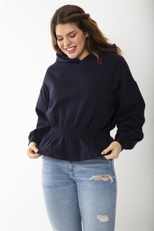 Women's Plus Size Navy Blue Inside-Red Elastic Waist Detailed Hooded Sweatshirt 65N37205