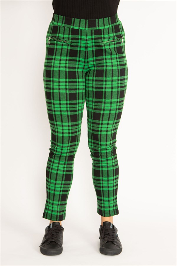 Kadın Kırmızı Ekose Desenli Süs Fermuar Cepli Tayt 65N34640