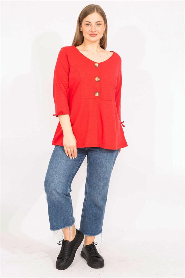Kadın Kırmızı Büyük Beden Önü Süs Düğmeli Kol Bağcıklı Bluz 65N35734