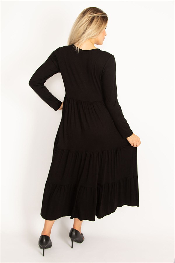 Kadın Fujya Yaka Detaylı Uzun Kollu Katlı Elbise 65N34514