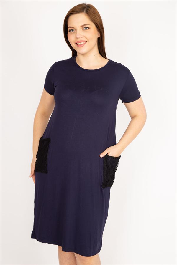 Kadın Lacivert Büyük Beden Cebi File Detaylı Kısa Kollu Viskon Elbise
